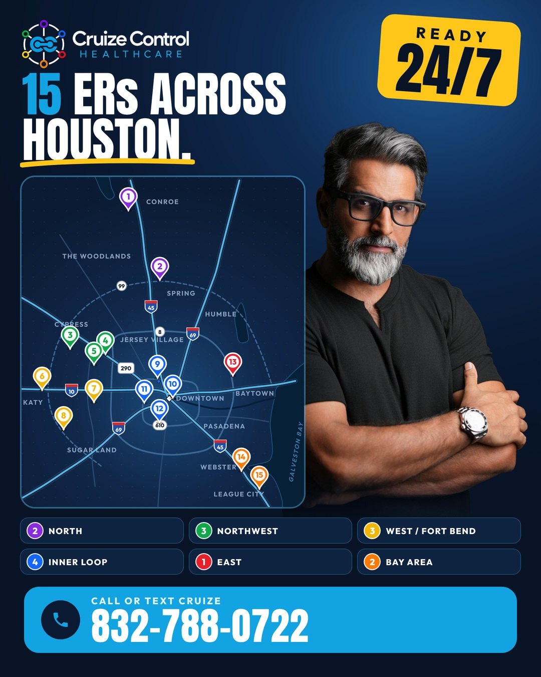 Cruize Gaj with a map of 15 Houston emergency rooms in the Cruize Control network, from Conroe to League City